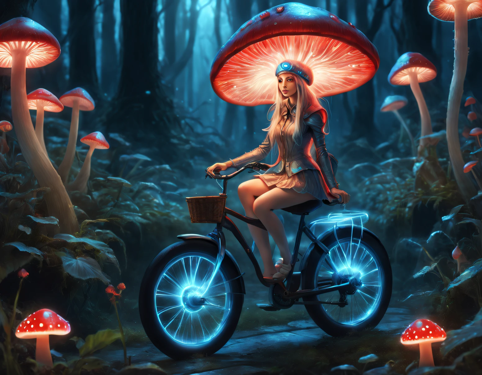 style beth hamity，Dessin d'une fille elfe chevauchant un vélo à champignons lumineux bleu et rouge, ，Les cellules lumineuses des branchies des champignons produisent de la fluorescence par bioluminescence，Escargot，jardin tropical，, Surreal cute Escargot, illustration onirique, du miel dégoulinant, esthétique hyperréaliste, Surréalisme pop, Intégré à Ligent