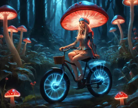 beth hamity style，Drawing of elf girl riding blue and red glowing mushroom bicycle, ，Luminous cells in mushroom gills produce fl...