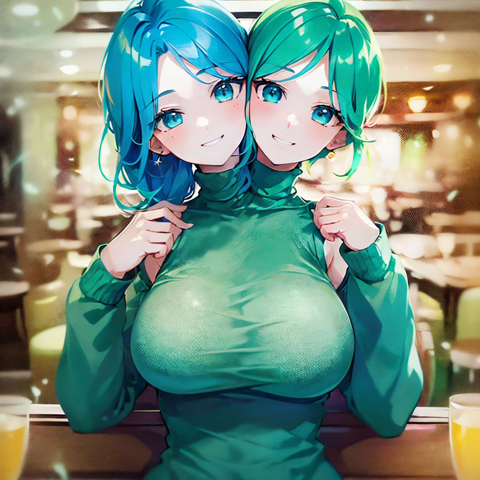 (highest quality, amazing details: 1.25), (2heads:1.5), 1girl, smiling, teal hair, turquoise eyes, casual wear, turquoise turtleneck, medium breasts, strong and confident expressions