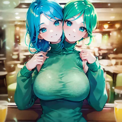 (highest quality, amazing details: 1.25), (2heads:1.5), 1girl, smiling, teal hair, turquoise eyes, casual wear, turquoise turtle...
