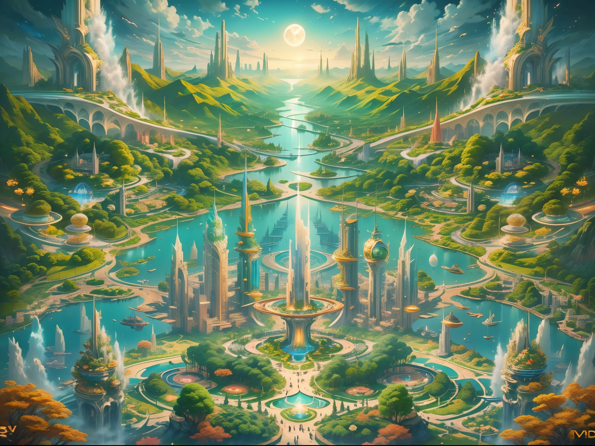 (Best quality,4K,8K,A high resolution,tmasterpiece:1.2),ultra - detailed,(actual,realistically,realistically:1.37),A fantasy utopian world in the galaxy,like a dream,Excellent,Excellent,unbelievable,unbelievable,Beautiful world,Ethereal,incredible scenery,Detailed landscapes,Big breasts are very charming,Utopian society,Peace and harmony,Unlimited imagination,magical beings,magical buildings,vivd colour,Strong visual impact。