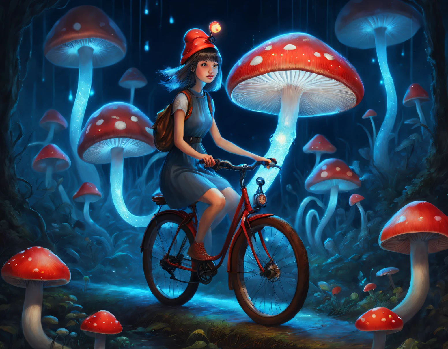 style beth hamity，Dessin d&#39;une fille chevauchant un vélo champignon lumineux bleu et rouge, ，Les cellules lumineuses des branchies des champignons produisent de la fluorescence par bioluminescence，Escargot，jardin tropical，, Surreal cute Escargot, illustration onirique, du miel dégoulinant, esthétique hyperréaliste, Surréalisme pop, Intégré à Ligent