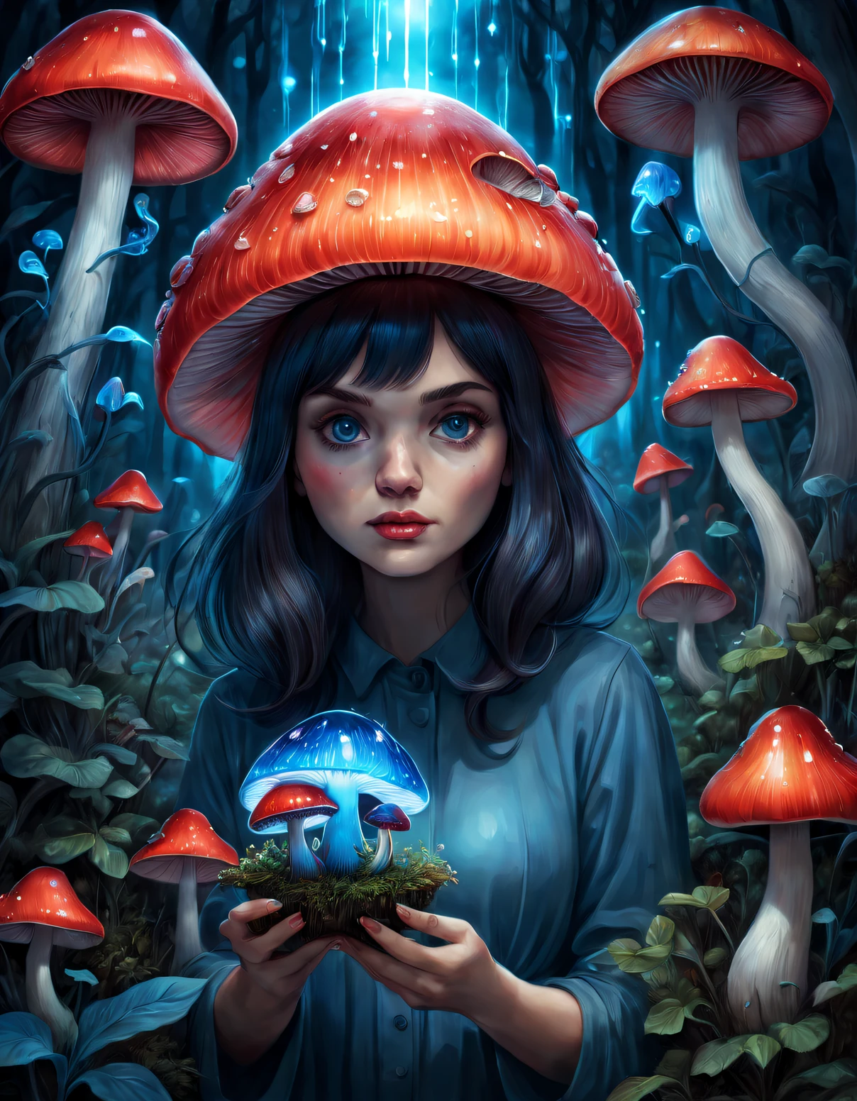beth hamity style，Girl holding blue and red glowing mushroom garden drawing, ，snail，Pop surrealism,  Integrated into Ligent, Surreal snail， dreamlike illustration, Dripping honey, hyperrealistic aesthetic,  genetic engineering