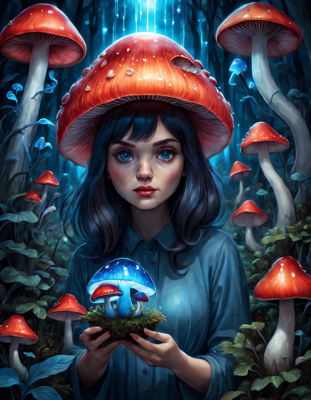 style beth hamity，Fille tenant un dessin de jardin de champignons lumineux bleu et rouge, ，Escargot，Surréalisme pop,  Intégré à Ligent, Surreal Escargot， illustration onirique, du miel dégoulinant, esthétique hyperréaliste,  ingénierie génétique