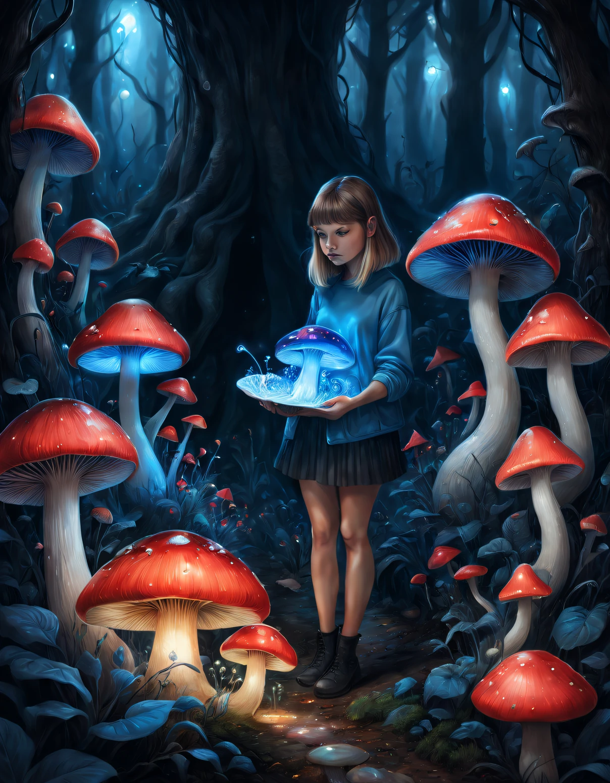 贝丝·哈米蒂风格，拿着蓝色和红色发光蘑菇花园图画的女孩, ，蝸牛，流行超現實主義,  集成到 Ligent, Surreal 蝸牛， 夢幻般的插圖, 滴蜜, 超現實主義美學,  基因工程