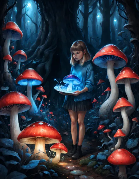 beth hamity style，Girl holding blue and red glowing mushroom garden drawing, ，snail，Pop surrealism,  Integrated into Ligent, Sur...