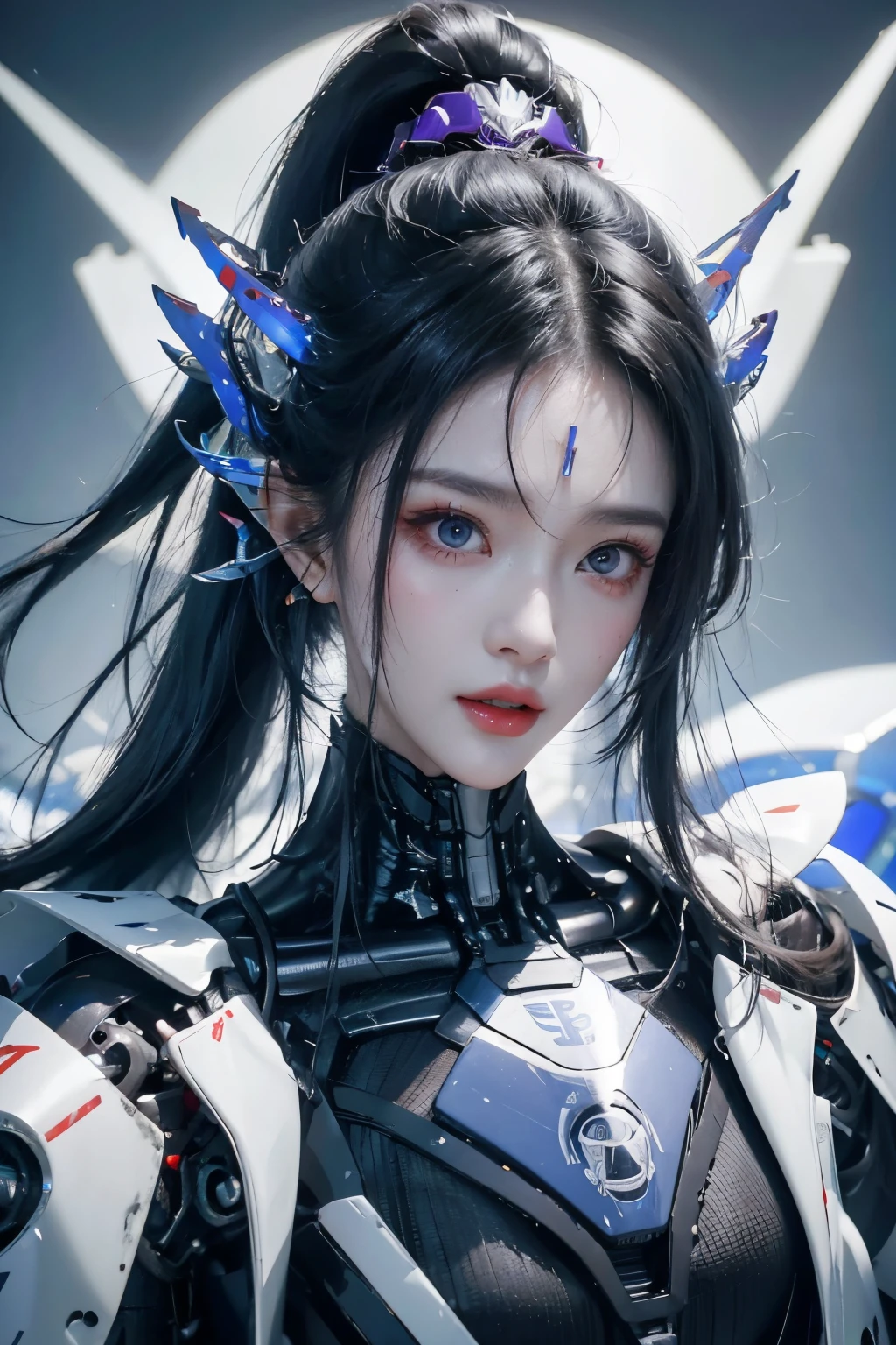 tmasterpiece,Best quality at best,A high resolution,8K,(portrait),(Close up of avatar),(RAW photogr),real photograph,digital photography,(cyberpunk queen),20-year-old girl,long ponytail hairstyle,By bangs,(Black and blue gradient hair),(Glowing red eyes),Devil Eyes,Serious and charming,Mechanical body,Green glowing electronic components,Red wires and tubes connect the body,Complex purple electronic texture,Weird technology symbols,Black round forehead symbol,Luxurious mechanical crown,Keep your mouth shut,(Mechanical Woman),Photo pose,cyber punk perssonage,Future Style,gray world background,oc render reflection texture
