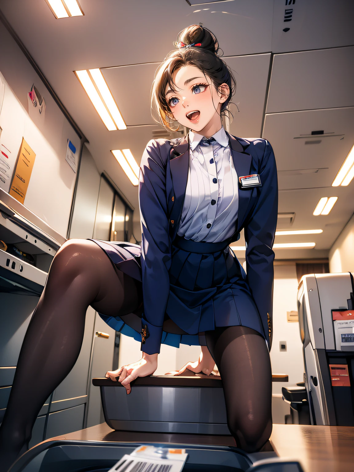 clerk uniform, (pantyhose), hair up, name plate, ID card, (whole body), straddling to hit her crotch on counter edge, open legs, raise leg, open mouth, masturbation, ecstasy face, in the plane, customers, ceiling,