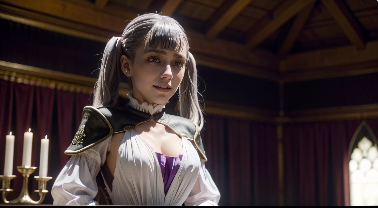 1girl, cowboy shot, beautiful noelle_silva,long hair ,twintails, bangs, earring,jewelry, silver hair,purple eyes, mage_dress,white dress, cleavage, capelet,long sleeves, water, medium breast ,smile,room,indoors, front light, volumetric lighting, best quality, masterpiece, intricate details, tonemapping, sharp focus, hyper detailed, upper body