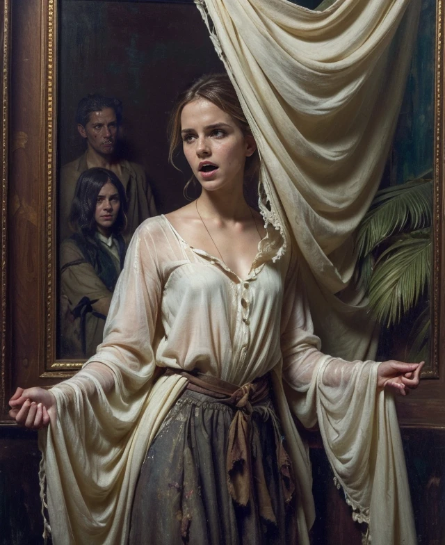 Marco de madera, (fantasma, escupitajos), emma watson, tiro medio, (palmas presionadas contra la lona) fantasmaly body, tattered fantasmaly clothes, (ropa detallada), fantasma in background, energia espiritual, atrapado in a haunted oil painting, Marco de pintura, hyperrealism, fantasmaly, atrapado, (entrar en pánico, gritando), Peter Mohrbacher, pierre terblanche, tendencia en artstation