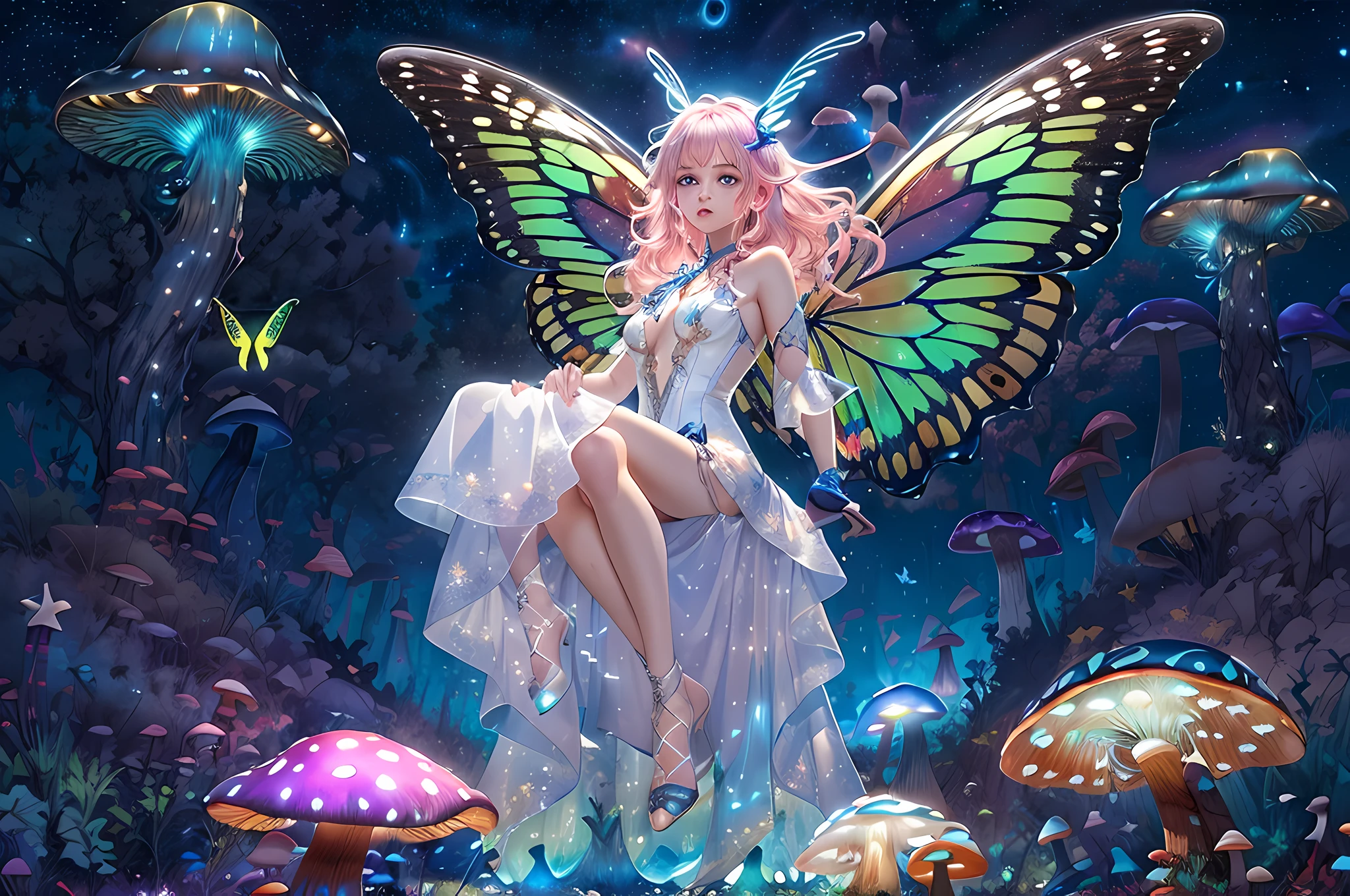 a picture of an exquisite beautiful female fairy sitting on a (Bioluminescent Mushroom: 1.4)  under the starry night sky at the forest, dynamic angle (ultra detailed, Masterpiece, best quality), ultra detailed face (ultra detailed, Masterpiece, best quality), ultra feminine, fare skin, pink hair, wavy hair, dynamic eyes color, glowing eyes, intense eyes, red lips, wearing white dress, elegant silk dress (ultra detailed, Masterpiece, best quality), butterfly wings (ultra detailed, Masterpiece, best quality), wearing high heeled boots, phosphorous glowing  Bioluminescent Mushroom, sky full of stars background, moon, beat details, best quality, 8k, [ultra detailed], masterpiece, best quality, (ultra detailed), full body, ultra wide shot, photorealism, fantasy art, gl0w1ngR,
