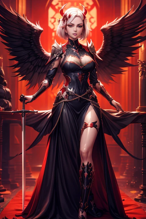 mulher arafa em uma roupa preta e vermelha segurando uma espada, lindo vestido curto apertado | Medieval, vilã tem asas de anjo com penas pretas, extremely detailed Artgerm, por Yang J, linda e elegante rainha demônio, modelo | Artgerm, demônio, garota anime demônio, cabelo curto, Armaduras