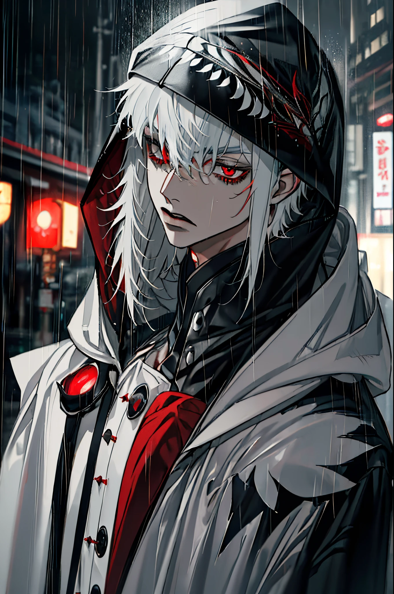 kk, best quality, more details, masterpiece, 1boy, portrait, male focus, red eyes, solo, bangs, looking at viewer, hood, short hair, rain, soaking wet body, Tokyo \(city\),  hood up, nail polish, white hair, luxurious, 8k, detailed, ray tracing, depth of field, cinematic lighting, looking back