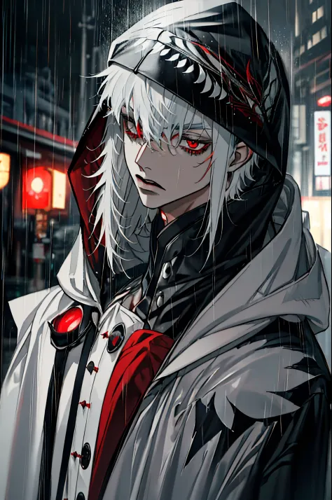 kk, best quality, more details, masterpiece, 1boy, portrait, male focus, red eyes, solo, bangs, looking at viewer, hood, short h...