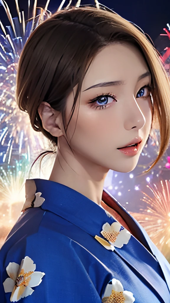 ((dessus de la table, de la plus haute qualité, Super définition, Haute définition)), seulement, Belle fille, les yeux brillants, yeux parfaits, , thème bleu, Yukata, feux d&#39;artifice