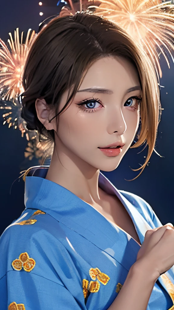 ((masutepiece, of the highest quality, super definition, High Definition)), Solo, Beautiful Girl, Shining eyes, Perfect eyes, 16 years old, Blue theme, Yukata, Fireworks