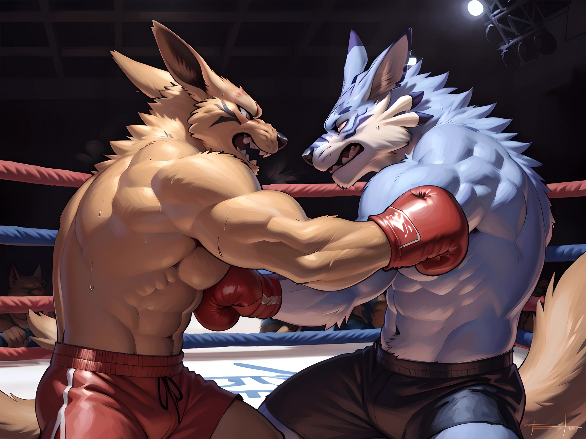 There are two men fighting with a wolf in a boxing ring - SeaArt AI