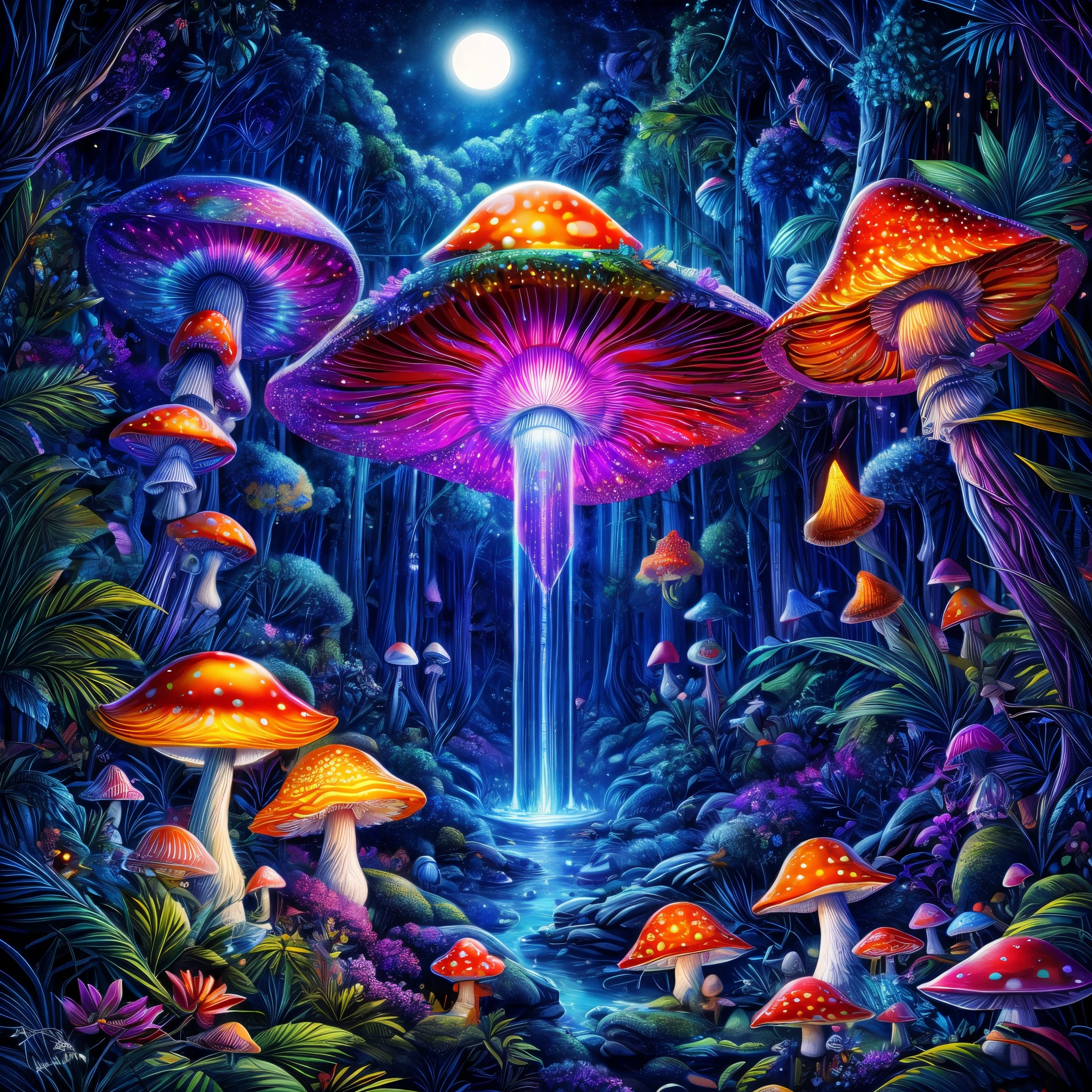 (((tmasterpiece))), (((Best quality at best))), ((intricately details)), ((Hyper-realistic)), ((1 transparent glowing mushroom, 独奏, Colorful transparent luminous plastic)), (Starry sky and nebula, A mysterious dreamy forest，Dense trees，Weird and cute glowing mushroomagicle world，Charming dreamy mushroom jungle under the moonlight, waterfallr, and luminous creatures soaring in the night, Exotic flowers and plants are blooming，Enchanting dream jungle background in moonlight，The picture is spectacular), beatiful background, Light particles, suns rays, dramatic lights, light, (midynight), (irregular), (mistic), (absurd res), dream-like, Disney, T-shirt design, Vector,number art, psychedelic theme, vivd colour, Saturated color