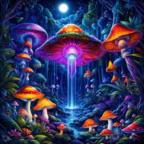 (((tmasterpiece))), (((Best quality at best))), ((intricately details)), ((Hyper-realistic)), ((1 transparent glowing mushroom, Solo, Colorful transparent luminous plastic)), (Starry sky and nebula, A mysterious dreamy forest，Dense trees，Weird and cute glo...