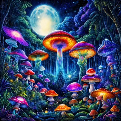 (((tmasterpiece))), (((Best quality at best))), ((intricately details)), ((Hyper-realistic)), ((1 transparent glowing mushroom, Solo, Colorful transparent luminous plastic)), (Starry sky and nebula, A mysterious dreamy forest，Dense trees，Weird and cute glo...