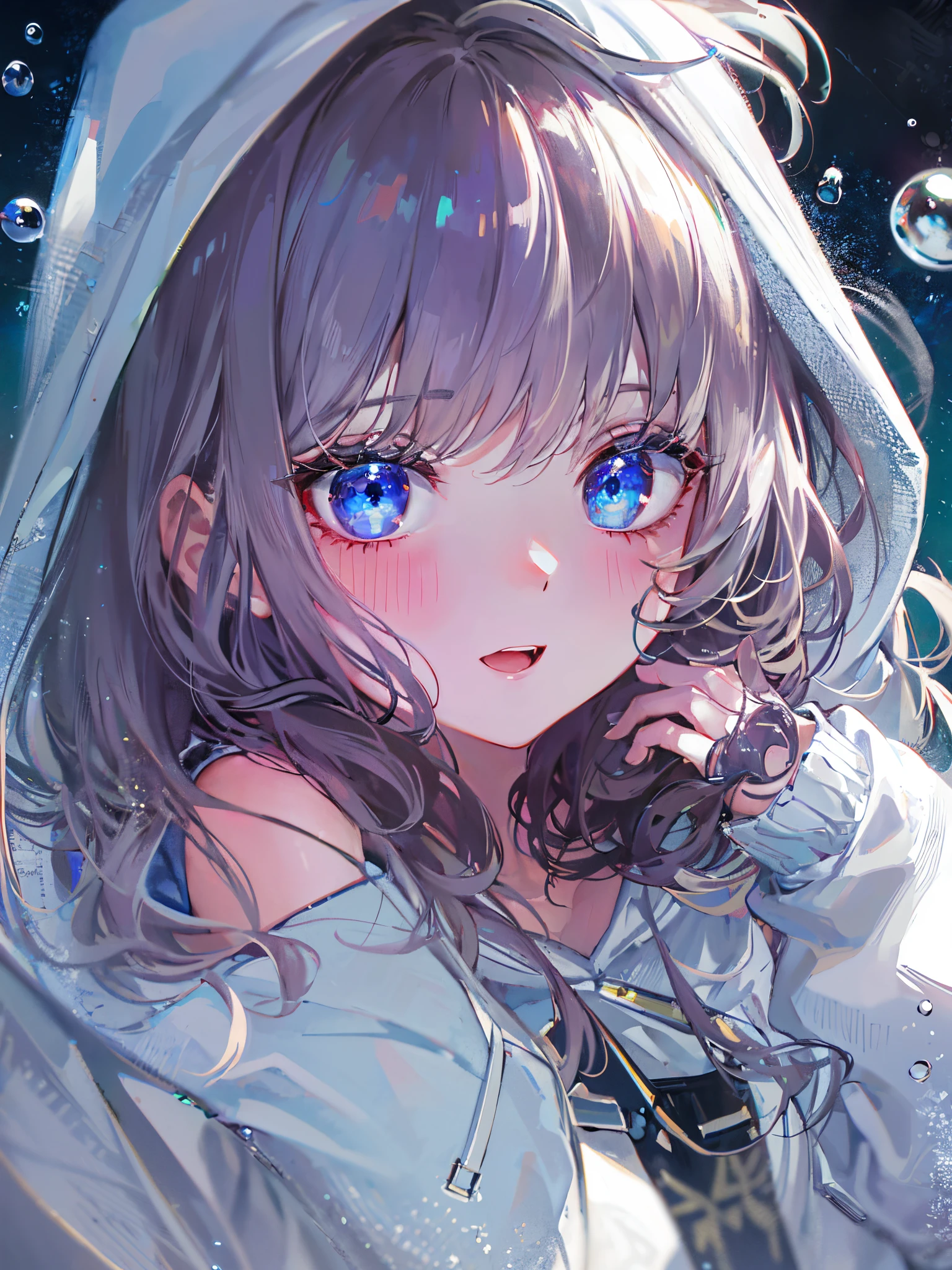 ((top-quality)), ((​masterpiece)), ((ultra-detailliert)), (Extremely delicate and beautiful), girl with, 独奏, cold attitude,((White hoodie)),She is very(relax)with  the(Settled down)Looks,depth of fields,Evil smile,Bubble, under the water, Air bubble,Underwater world bright light blue eyes,inner color with bright gray hair and light blue tips,,,,,,,,,,,,,,,,,,,,,Cold background,Bob Hair - Linear Art, shortpants、knee high socks、White uniform like school uniform、Light blue ribbon ties、Clothes are sheer、Hands in pockets、Bright eyes like sapphire,Fronllesse Blue, A small blue light was floating、fantastic eyes、selfy,Self-shot、The bangs fall over the eyes, giving a sexy impression.