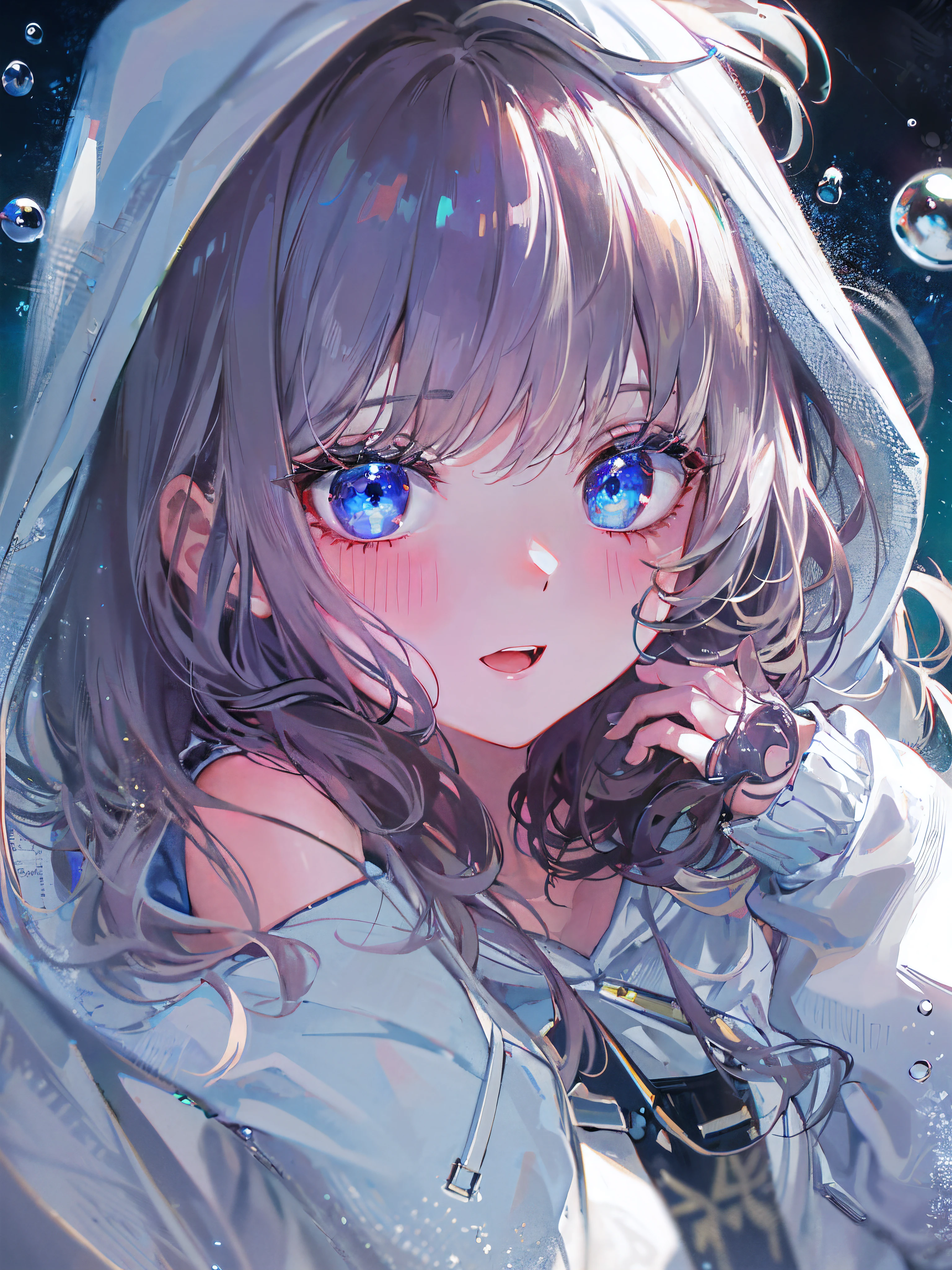 ((top-quality)), ((​masterpiece)), ((Ultra-detail)), (Extremely delicate and beautiful), girl with, solo, cold attitude,((White hoodie)),She is very(relax)with  the(Settled down)Looks,depth of fields,Evil smile,Bubble, under the water, Air bubble,Underwater world bright light blue eyes,inner color with bright gray hair and light blue tips,,,,,,,,,,,,,,,,,,,,,,Cold background,Bob Hair - Linear Art, shortpants、knee high socks、White uniform like 、Light blue ribbon ties、Clothes are sheer、Hands in pockets、Bright eyes like sapphire,Fronllesse Blue, A small blue light was floating、fantastic eyes、selfy,Self-shot、Bangs fall on the eyes, give a sexy impression.