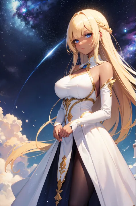 female, hime cut blonde hair, blue eyes, dark brown skin, large breasts, wearing a white dress. the galaxy in the background