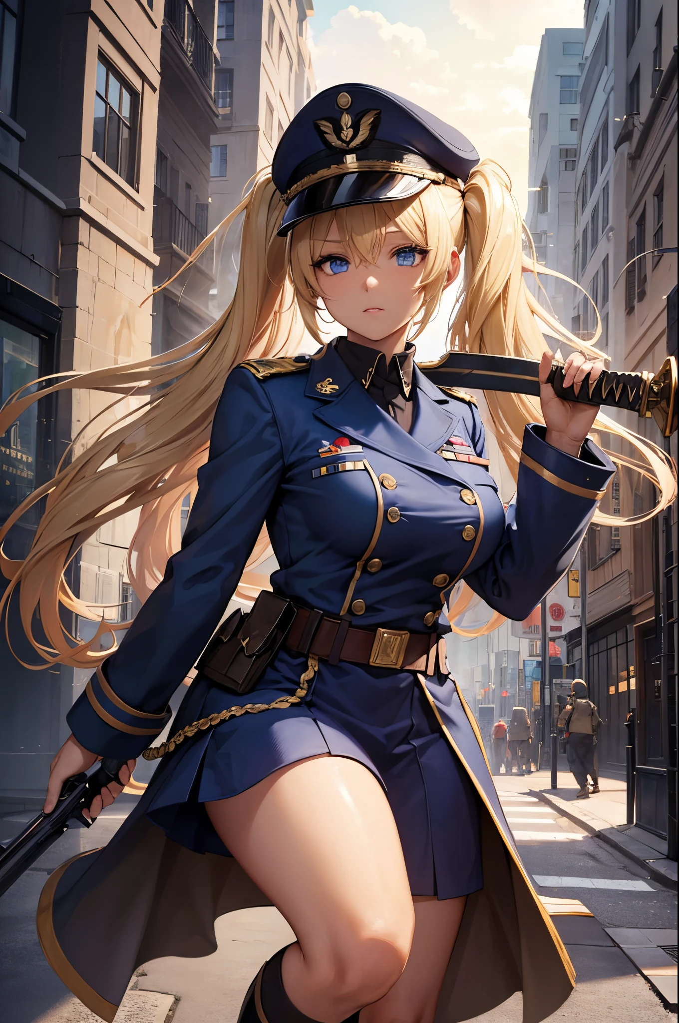 femelle, cheveux blonds twintails, yeux bleus, peau marron foncé, gros seins, portant un uniforme militaire et une casquette militaire et brandissant une épée. Un fond de ville pendant la journée.