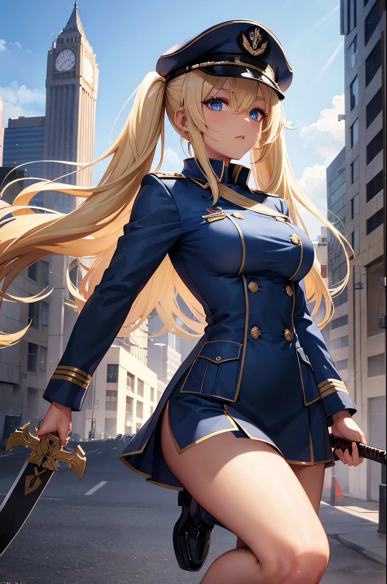 Female, Twintails Blonde hair, Blue eyes, dark brown skin, large breasts, wearing a military uniform and military cap and wielding a sword. A city background during the day time.