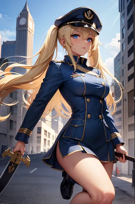 Female, Twintails Blonde hair, Blue eyes, dark brown skin, large breasts, wearing a military uniform and military cap and wieldi...