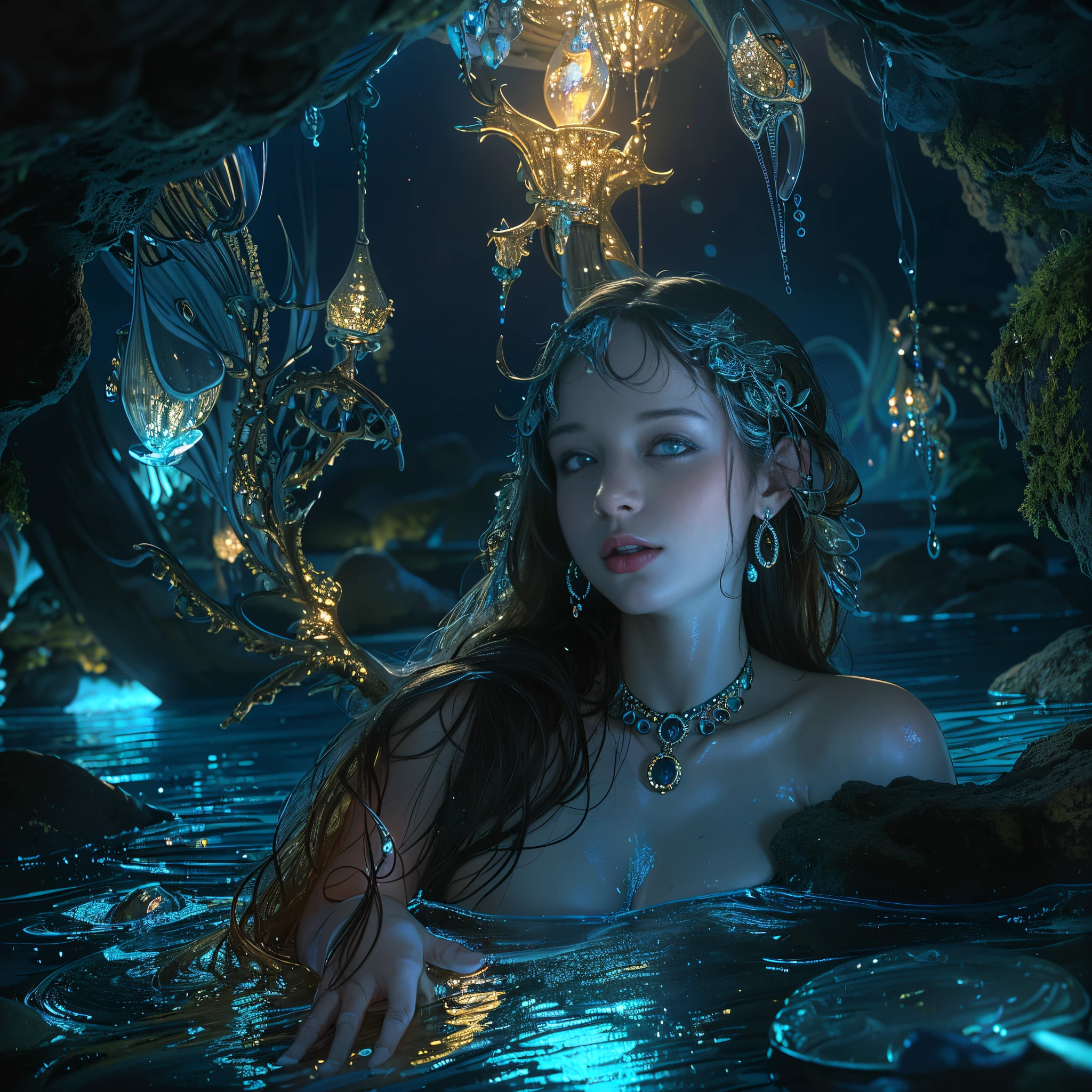 (Best quality, 8k, 32k, Masterpiece, UHD:1.2) water nymph welcomes you to her private cavern, deep underground, subterranean, jewelry, clothed, sfw, atlantis, warm light, bioluminescent, smile, renatadaninsky