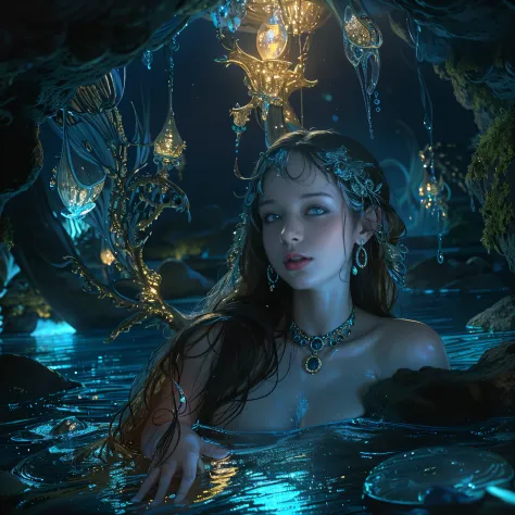 (Best quality, 8k, 32k, Masterpiece, UHD:1.2) water nymph welcomes you to her private cavern, deep underground, subterranean, je...