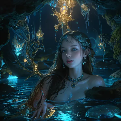 (best quality, 8k, 32k, masterpiece, uhd:1.2) water nymph welcomes you to her private cavern, deep underground, subterranean, je...