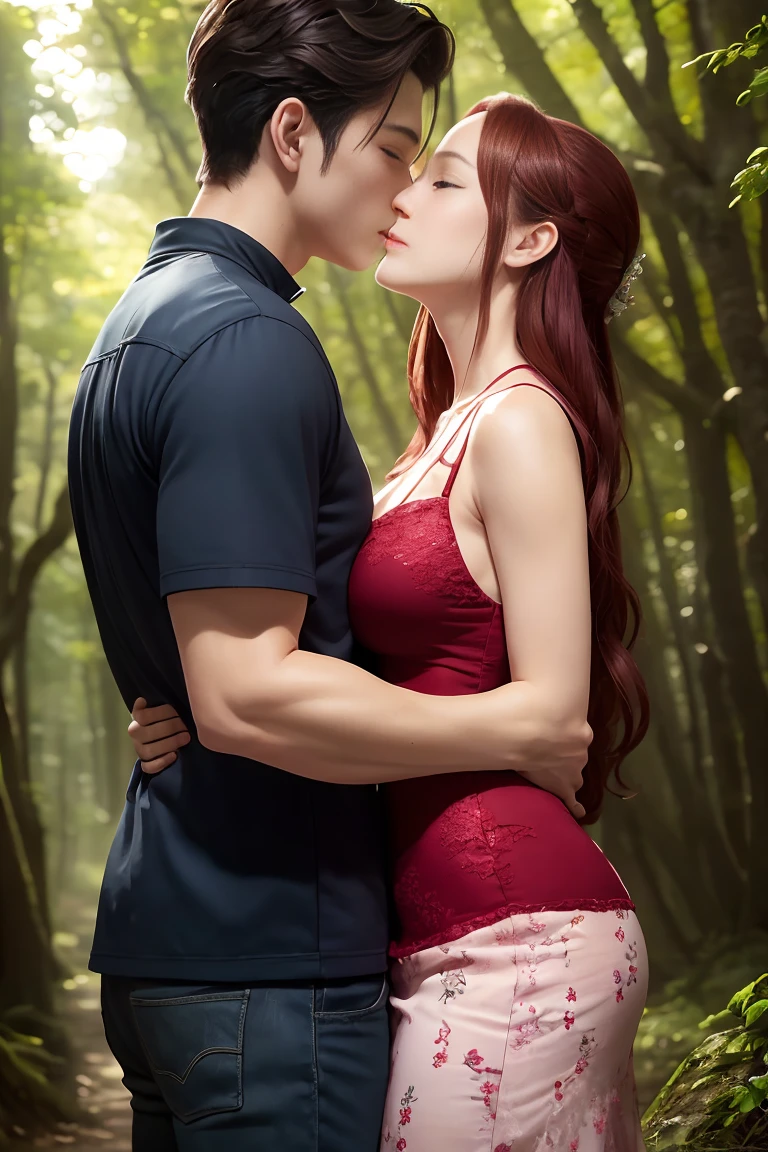 Man and woman hugging each other in the forest, female link and malon kissing, peasant boy and girl first kiss, Grégoire and Manon, lovely kiss, A kiss is a spell without words, fairy tale style background, Girl has huge breasts with red hair, thicc thighs,The boy is a liar Naruto, Strong body, Anatomy correctly, precise,nffsw