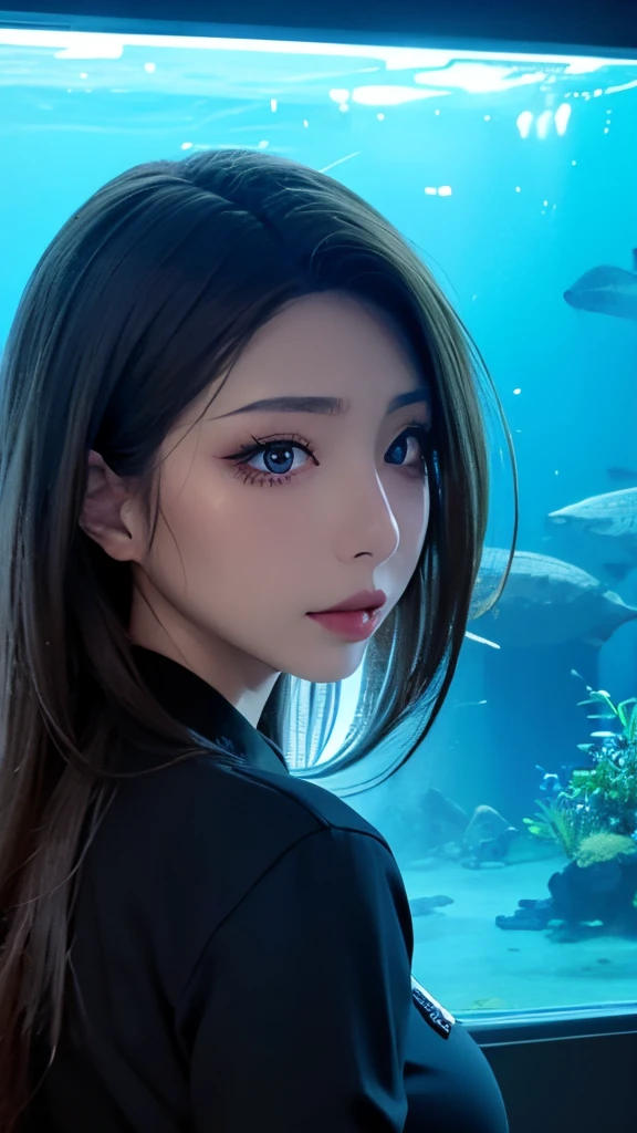menina com maquiagem escura、Olhando para trás, em frente ao enorme tanque do aquário、Vista azul