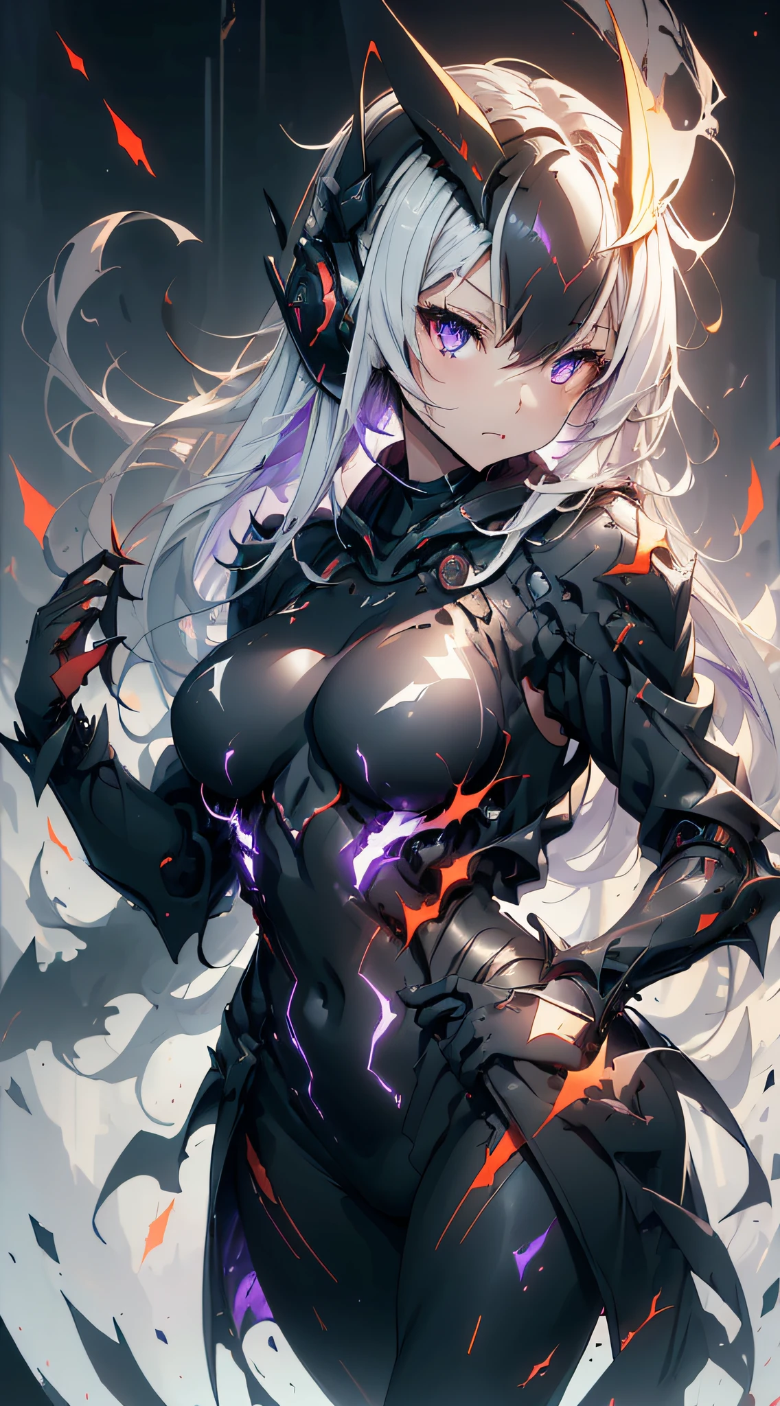 top-quality、Top image quality、​masterpiece、girl with((White suit、glowing mechanic suit、18year old、teen ager、cute little、Best Bust、big bast,Beautiful shining purple eyes、Breasts wide open, a blond、Longhaire、A slender,Large valleys、belligerent movements,sharp claws、With sniper rifle、head phone、black bright wings、fighting poses、being filmed、splatters、Feeling of sprinting)),hiquality、Beautiful Art、Background with((Space Battlefield)))、Depth(planet earth）,masutepiece、depth of fields,Cinematic style