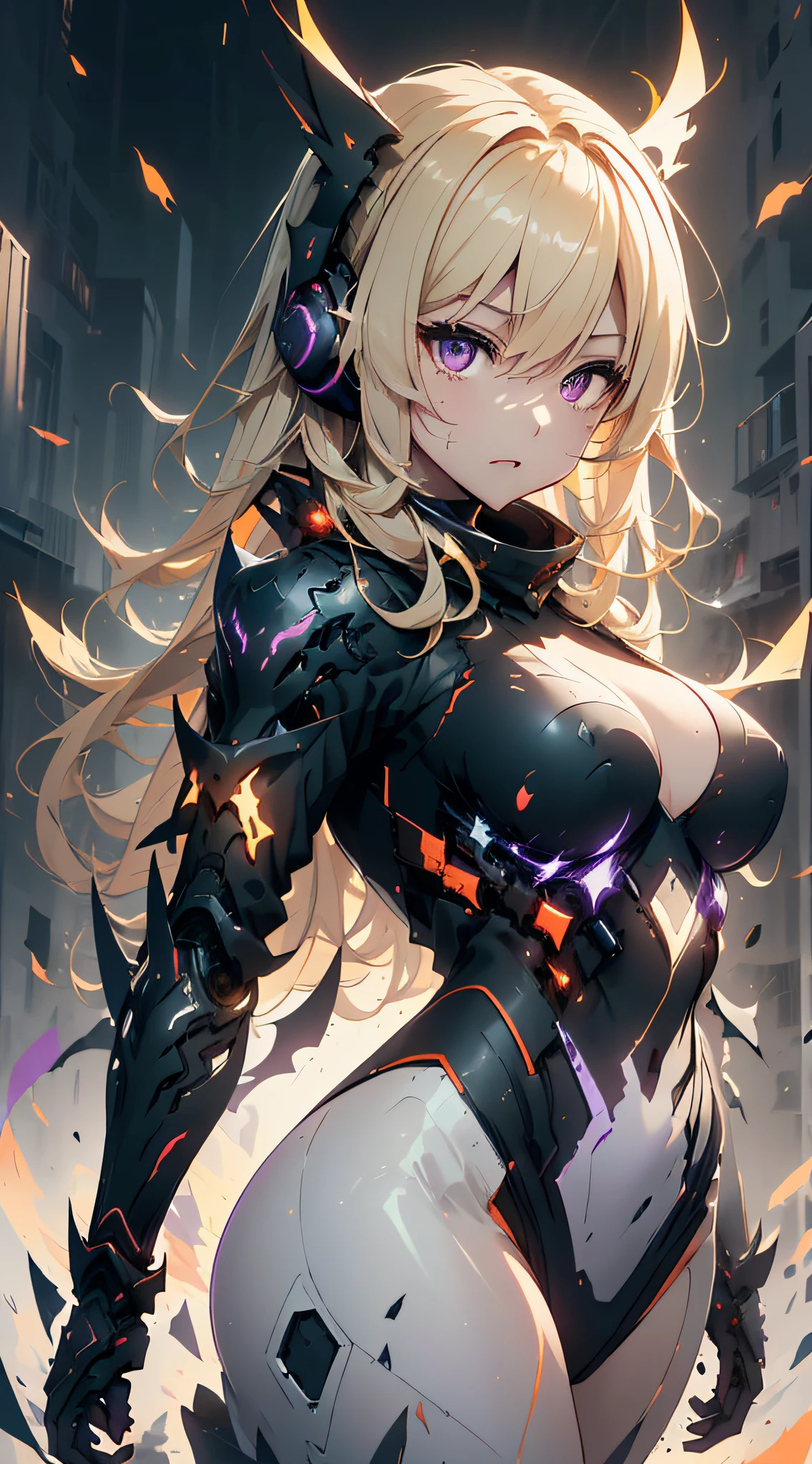 top-quality、Top image quality、​masterpiece、girl with((White suit、glowing mechanic suit、18year old、teen ager、cute little、Best Bust、big bast,Beautiful shining purple eyes、Breasts wide open, a blond、Longhaire、A slender,Large valleys、belligerent movements,sharp claws、With sniper rifle、head phone、black bright wings、fighting poses、being filmed、splatters、Feeling of sprinting)),hiquality、Beautiful Art、Background with((Space Battlefield)))、Depth(planet earth）,masutepiece、depth of fields,Cinematic style