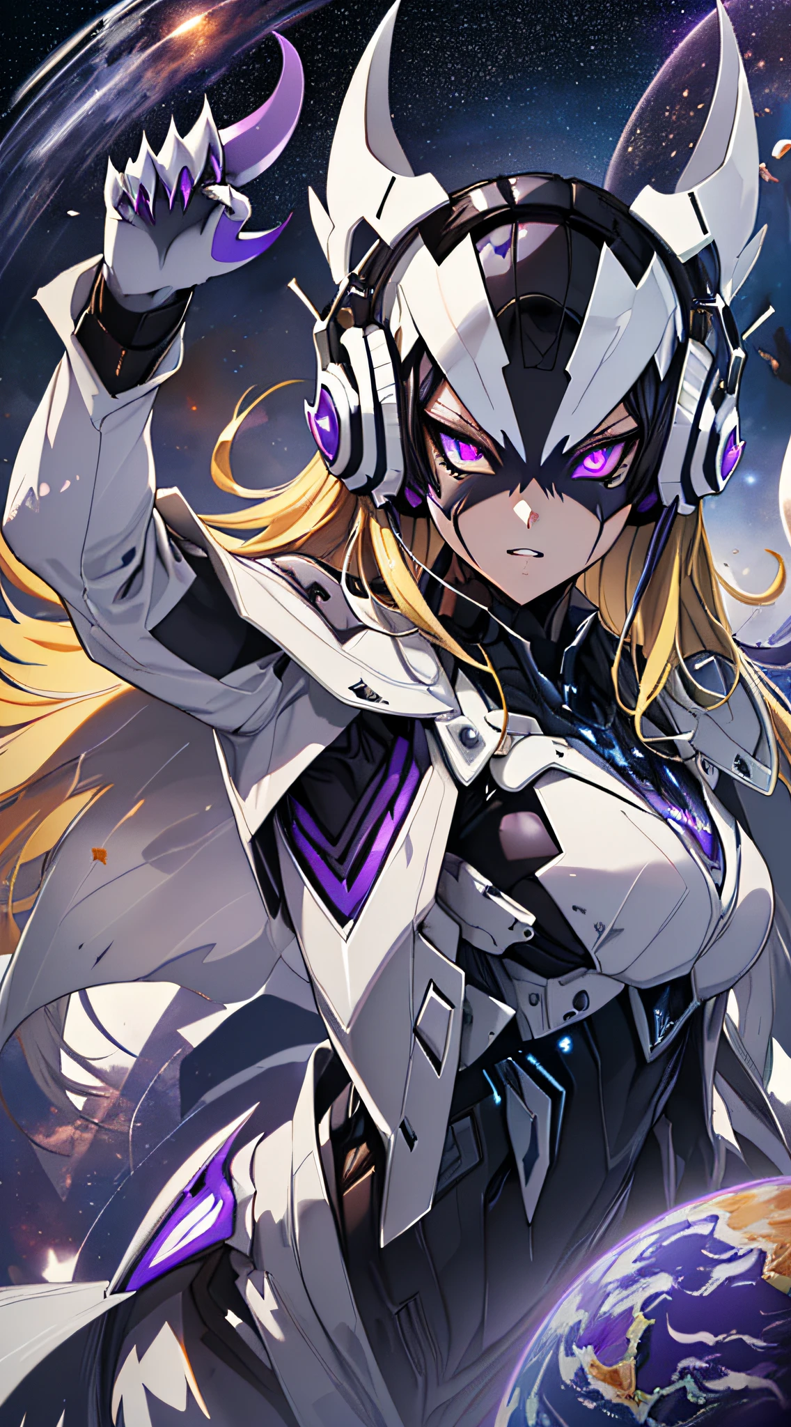 top-quality、Top image quality、​masterpiece、girl with((White suit、glowing mechanic suit、18year old、teen ager、cute little、Best Bust、big bast,Beautiful shining purple eyes、Breasts wide open, a blond、Longhaire、A slender,Large valleys、belligerent movements,sharp claws、With sniper rifle、head phone、black bright wings、fighting poses、being filmed、splatters、Feeling of sprinting)),hiquality、Beautiful Art、Background with((Space Battlefield)))、Depth(planet earth）,masutepiece、depth of fields,Cinematic style