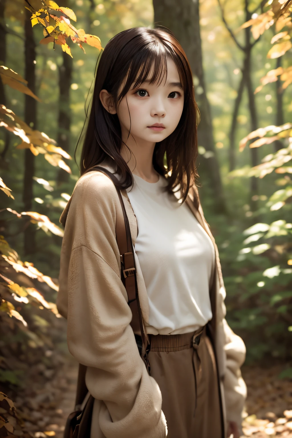 masuter piece、solo、Little woman、short-cut、Natural color clothing、Natural look、top-quality、Ultra-detail、High quality detailing、８ｋ、Colored leaves:1.5、deep autumn forest、Tree leakage day、Silence