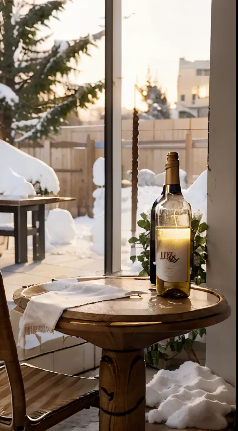 Close-up of the scene，scene capture，photore，tmasterpiece，Street bar entrance，Outdoor dining table，a desk，A few chairs，(( bottle of white wine on table ))，goblet，Various desserts，In the daytime，bare sycamore tree，Decorations hanging on it，Winter sun，window，...