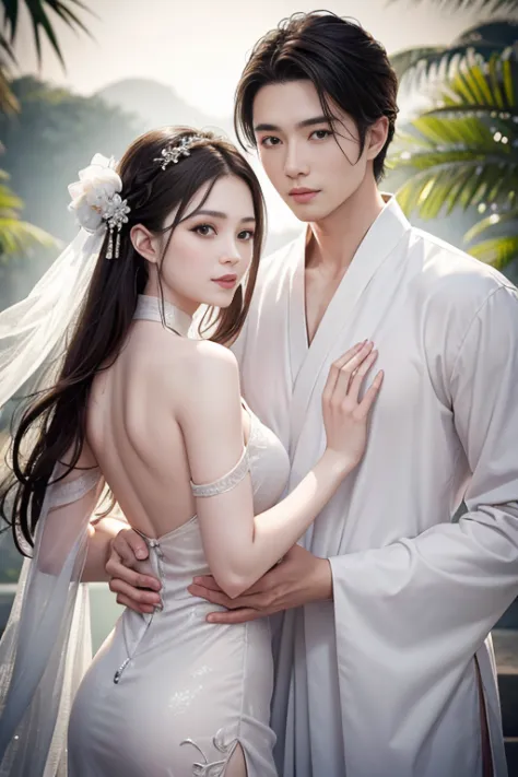 (a couple, Beautiful girl and boy), large watery eyes, Looking at each other, Smiling and wearing white clothes, Delicate hair, ...