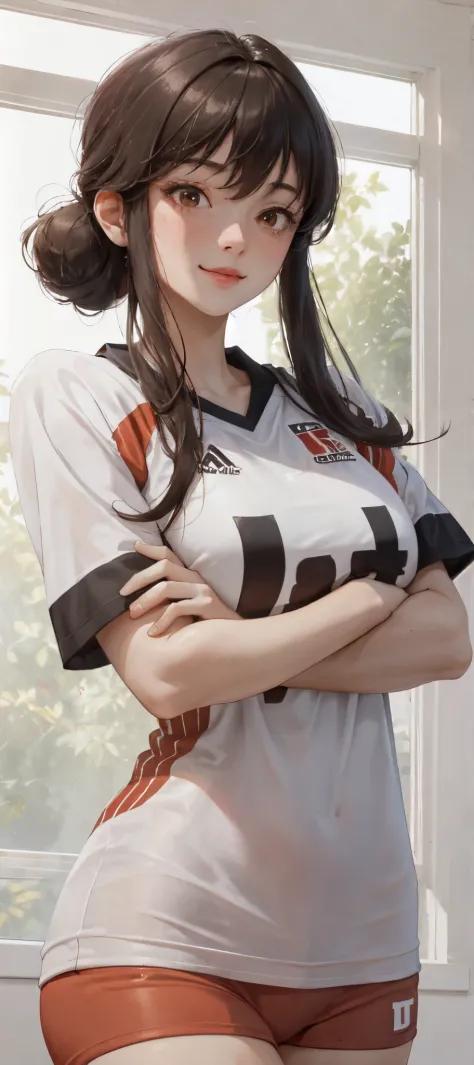 1lady solo, /(volleyball uniform/), /(dark brown hair/) bangs, blush light smile, (masterpiece best quality:1.2) delicate illustration ultra-detailed, BREAK /(volleyball court indoors/)