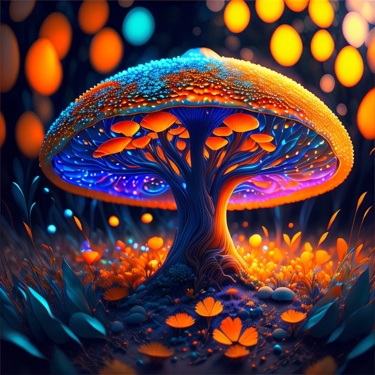 биолюминесцентный гриб/светящиеся грибы/светящийся гриб л, Много, синий, апельсин, серый,(Лучшее качество,4k,8К,Высокое разрешение,шедевр:1.2),ультрадетализированный,(реалистичный,photoреалистичный,photo-реалистичный:1.37),HDR,UHD,студийное освещение,сверхтонкая живопись,острый фокус,физически обоснованный рендеринг,очень подробное описание,Профессиональный,яркие цвета,боке,Много,синий,апельсин,серый,портреты,Внимание пейзажа：Оригинальное искусство Тупу.
