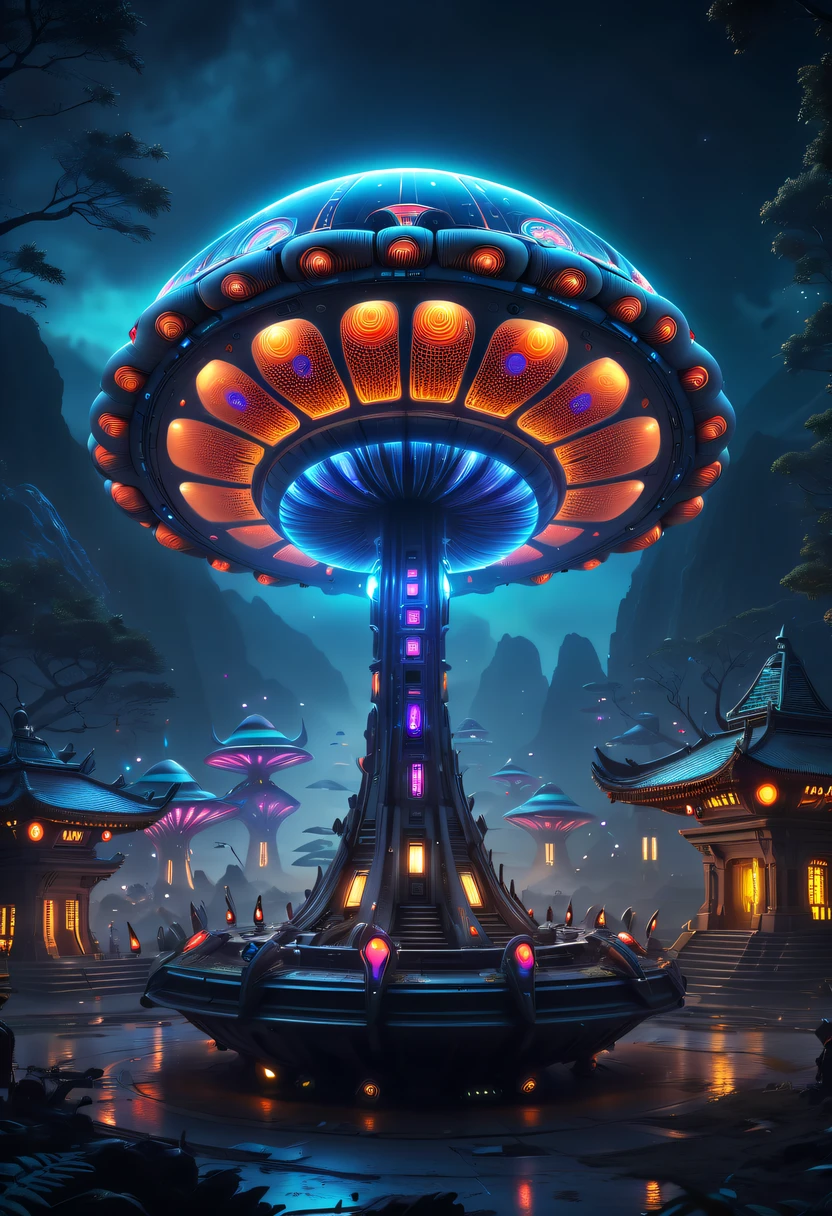 (Best quality,A high resolution,tmasterpiece:1.2),ultra - detailed,actual,sci-fy,Glowing Mushroom Alien Spaceship,round form,large size，with glowing lights,metal surfaces,circling,floating in sky,nighttime scene,Illuminate the surroundings,Alien symbols and hieroglyphs,The colorful light emitted by the spaceship,It creates a spooky and mysterious atmosphere,An unforgettable sight,Otherworldly technology,dominant landscape,vibrant with colors,Bokeh lighting effect