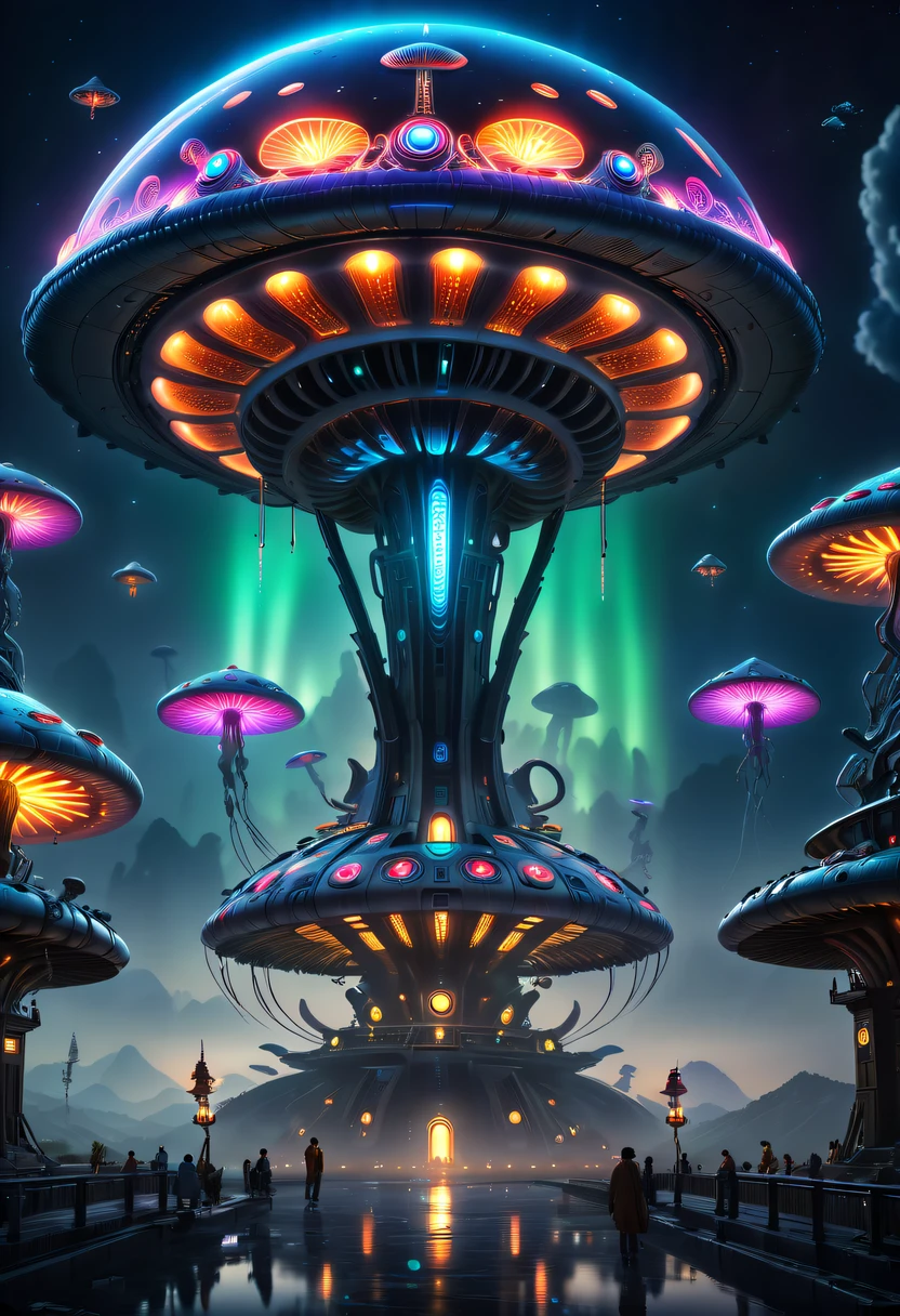 (Best quality,A high resolution,tmasterpiece:1.2),ultra - detailed,actual,sci-fy,Glowing Mushroom Alien Spaceship,round form,large size，with glowing lights,metal surfaces,circling,floating in sky,nighttime scene,Illuminate the surroundings,Alien symbols and hieroglyphs,The colorful light emitted by the spaceship,It creates a spooky and mysterious atmosphere,An unforgettable sight,Otherworldly technology,dominant landscape,vibrant with colors,Bokeh lighting effect