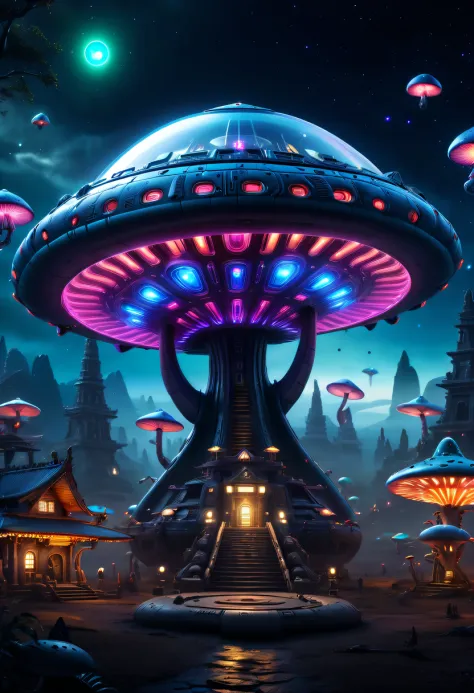 (best quality,a high resolution,tmasterpiece:1.2),ultra - detailed,actual,sci-fy,glowing mushroom alien spaceship,round form,lar...