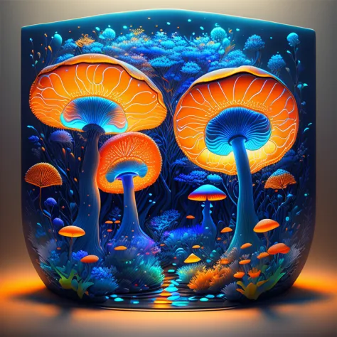 bioluminescent mushroom/glowing mushrooms/luminous mushroom l, monet, blue, orange, grey,(best quality,4k,8k,highres,masterpiece...