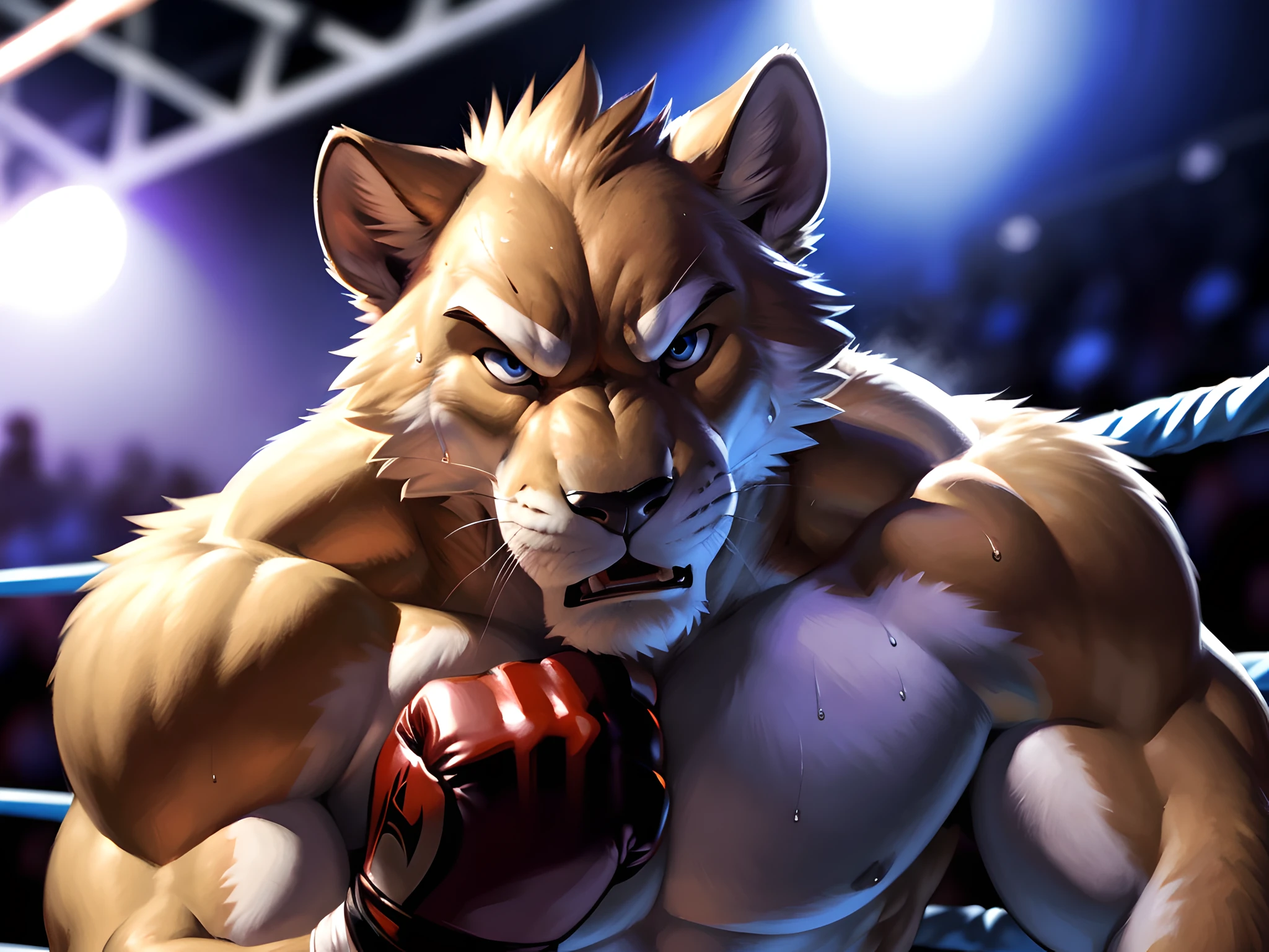 (ultra quality):1.4, color, smooth comics style, (by takemoto arashi, by meesh, by taran fiddler), solo, puma, wrestling scene, very muscular, athletic build, correct anatomy, wrestling, sweat:1.5, sweat dripping, strong, masculine, wrestling ring, (very blurry background, out-of-focus background:1.4), fighting scene, angry, detailed face, detailed eyes, fighting gloves