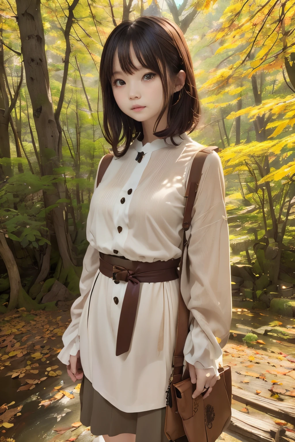 masuter piece、solo、Little woman、Short Bob、Natural color clothing、Natural look、top-quality、Ultra-detail、High quality detailing、８ｋ、Colored leaves:1.5、deep autumn forest、Tree leakage day、Silence