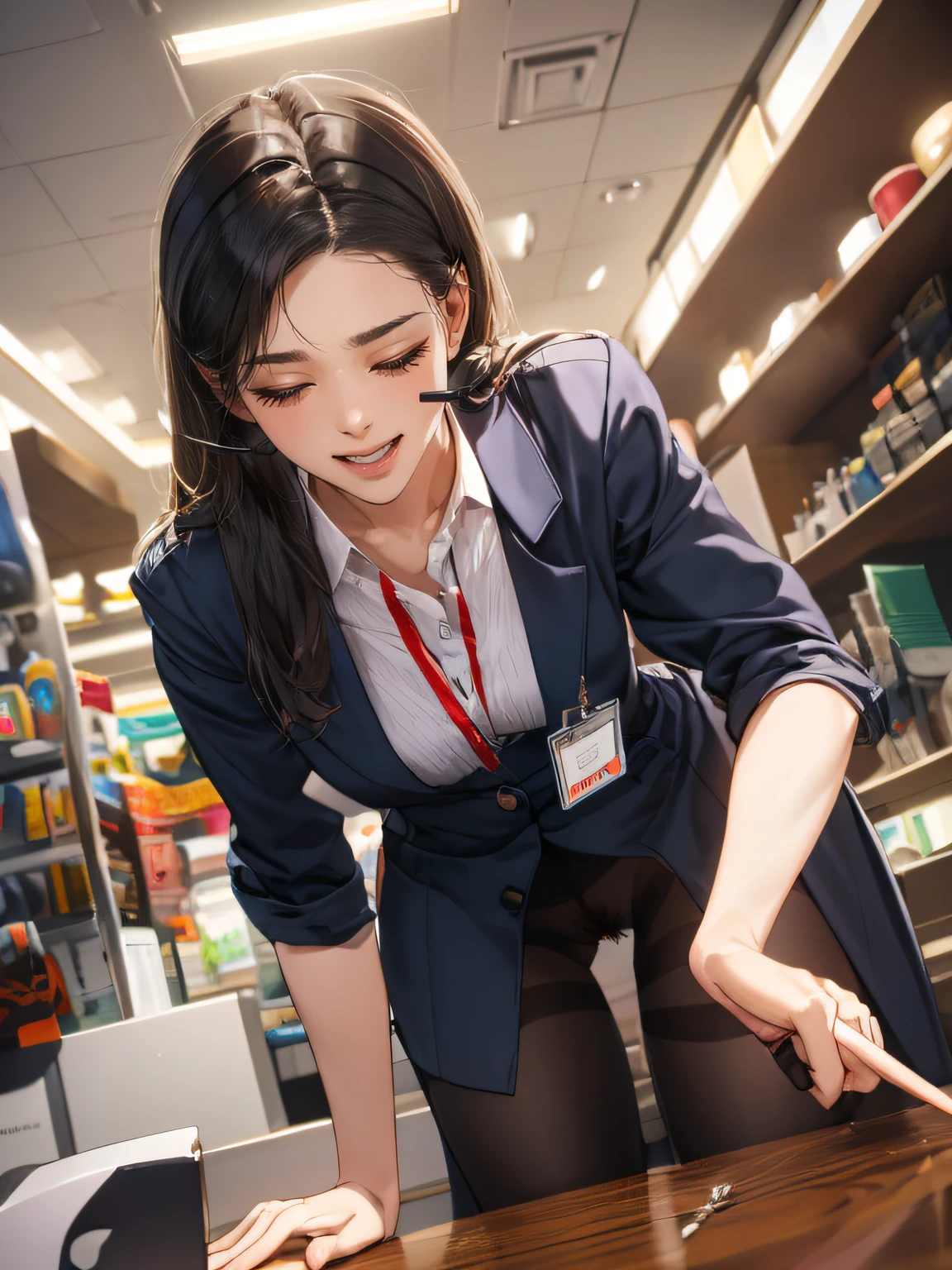 clerk uniform, name plate, ID card, having tablet, ear monitor, headset mic, (whole body), pantyhose, pubic hair, close up bottom body, lean to hit her crotch on counter edge, open mouth, masturbation, ecstasy face, in the mall, customers, ceiling, floor,